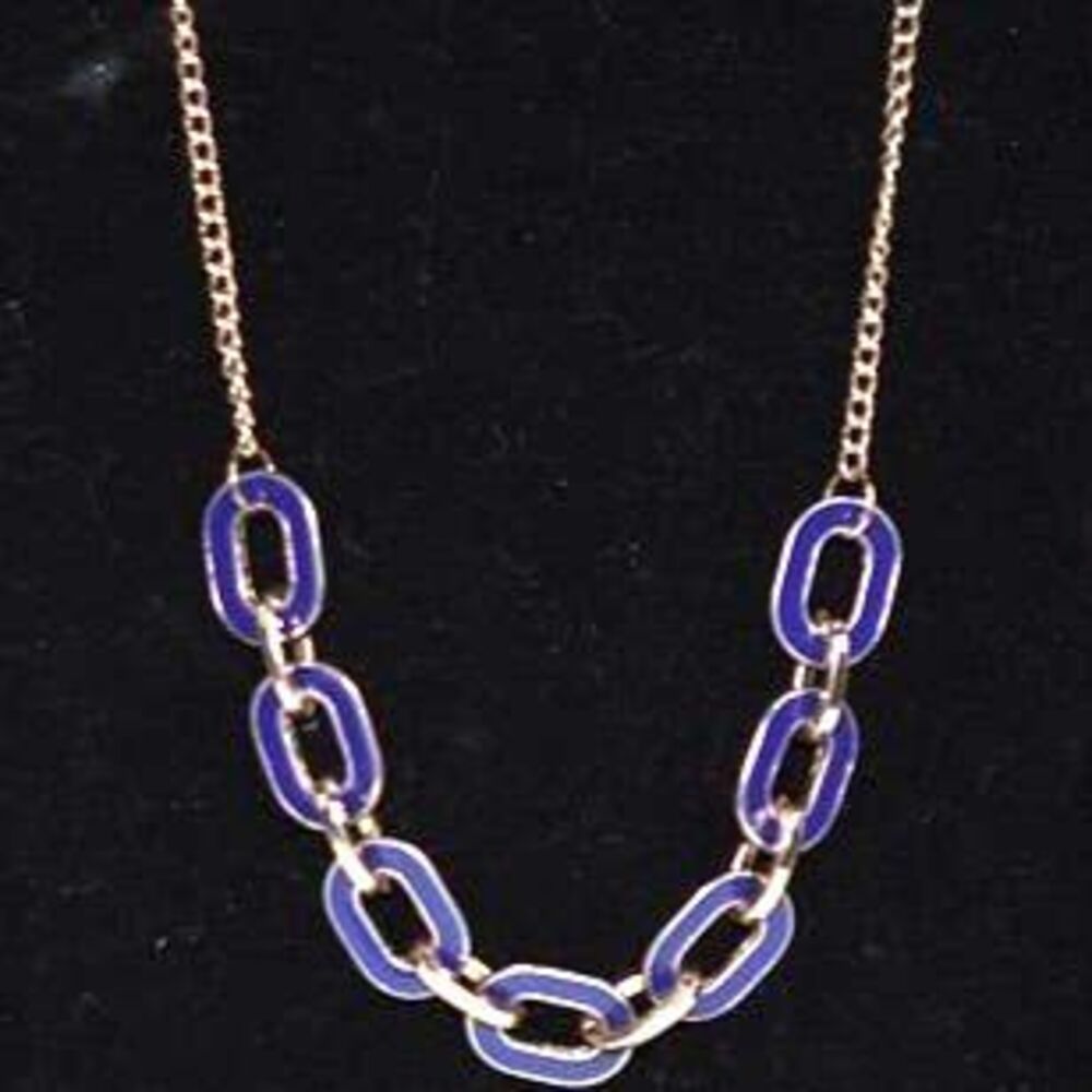 Chunky Blue Enamel Inlay Link Ovals Gold Tone Link Chain Statement 18"Necklace
